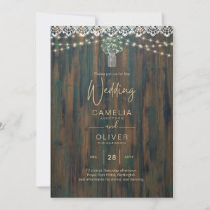 Rustic Lace Gypsophila Lights Mason Jar Wedding Invitation
