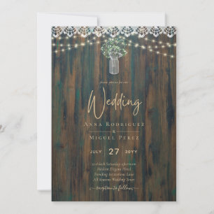 Rustic Lace Gypsophila Lights Mason Jar Wedding Invitation