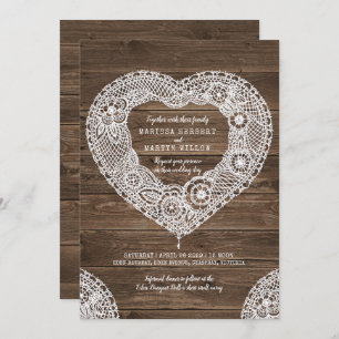 Rustic lace heart on wood wedding invitations