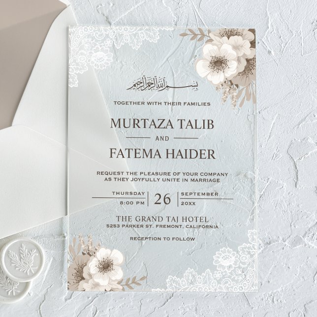 Rustic Lace Ivory Floral Islamic Wedding Acrylic Invitations (Creator Uploaded)