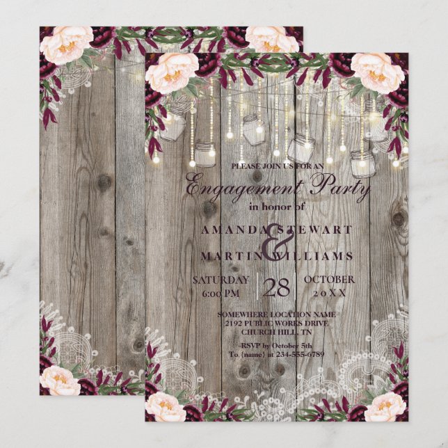 Rustic Lace Jar Wood & String Lights Engagement Invitation (Front/Back)