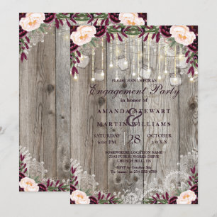 Rustic Lace Jar Wood & String Lights Engagement Invitation
