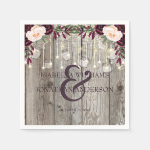 Rustic Lace Jar Wood & String Lights Wedding Napkin