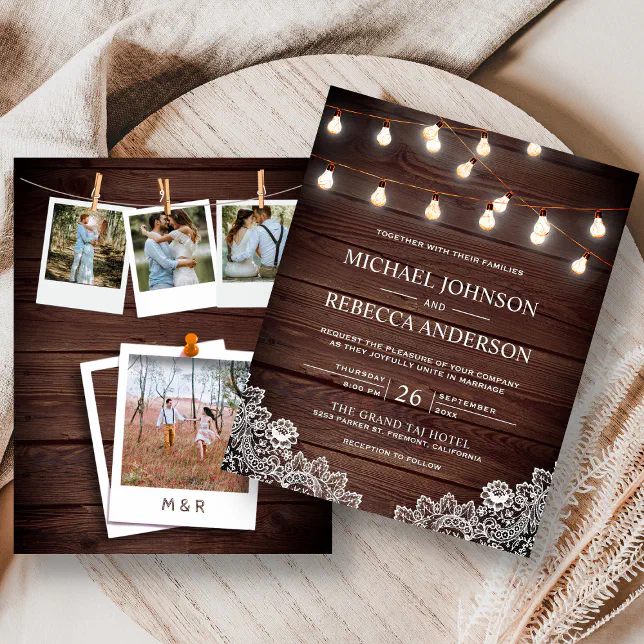 Rustic Lace Lights Photo Budget Wedding Invitation | Zazzle