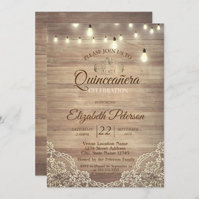 Rustic Lace,Lights,Tiara,Quinceañera Party Invitation (Front/Back)