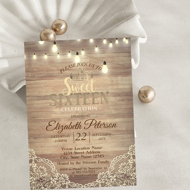 Rustic Lace,Lights,Tiara,Sweet 16 Party Invitation (Creator Uploaded)
