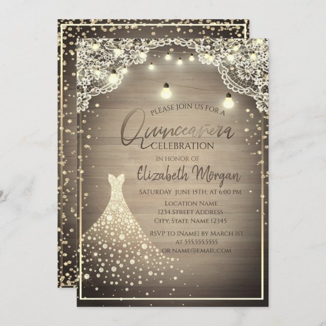 Rustic Lace,Lights,Wood Diamonds Dress Quinceañera Invitation (Front/Back)