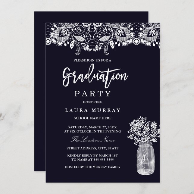 Rustic Lace Mason Jar Navy Graduation Party Invitation (Front/Back)