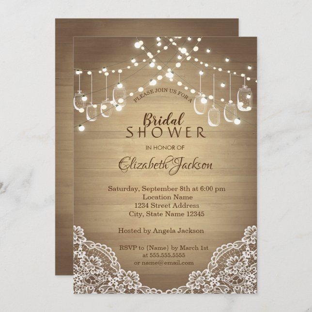 Rustic Lace, Mason Jar, String Lights Invitation (Front/Back)