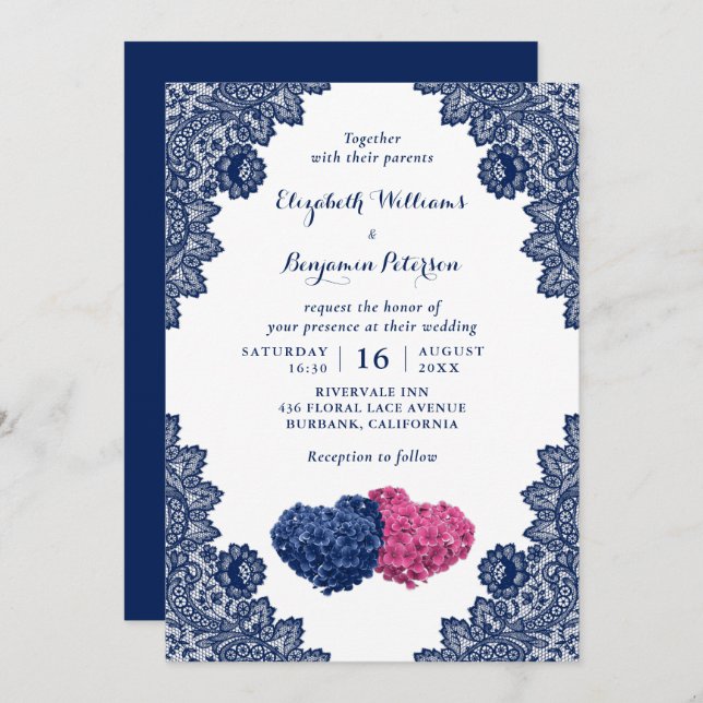 Rustic Lace Navy Blue and Pink Floral Wedding Invitation (Front/Back)