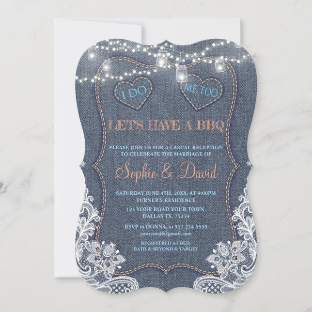 Rustic Lace Old Denim Blue String Lights I DO BBQ Invitation (Front)