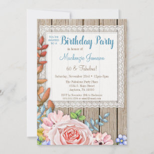 Rustic Lace Pink Rose Bouquet Birthday Invitation