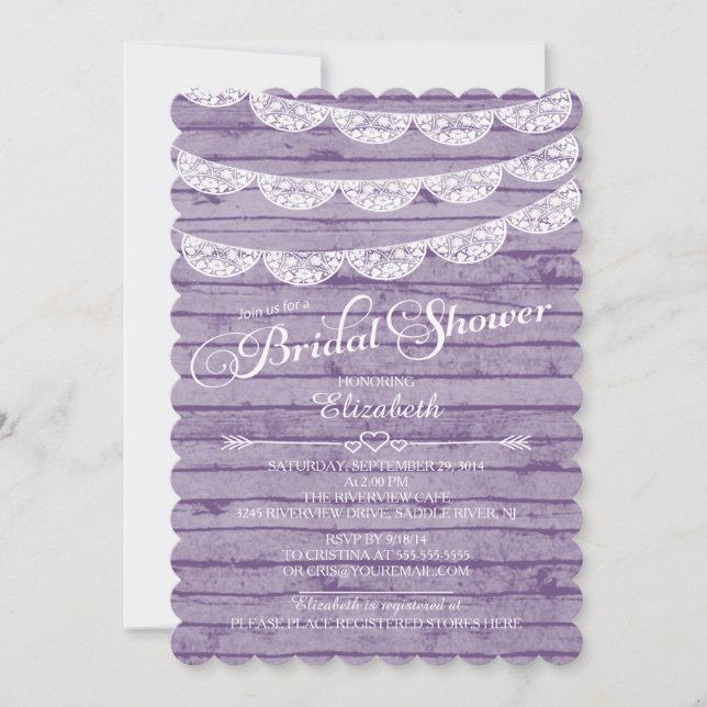 Rustic Lace & Purple Wood Bridal Shower Invitation (Front)