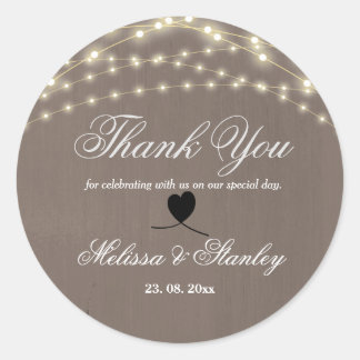 Rustic Lace String Light Calligraphy Thank You Classic Round Sticker
