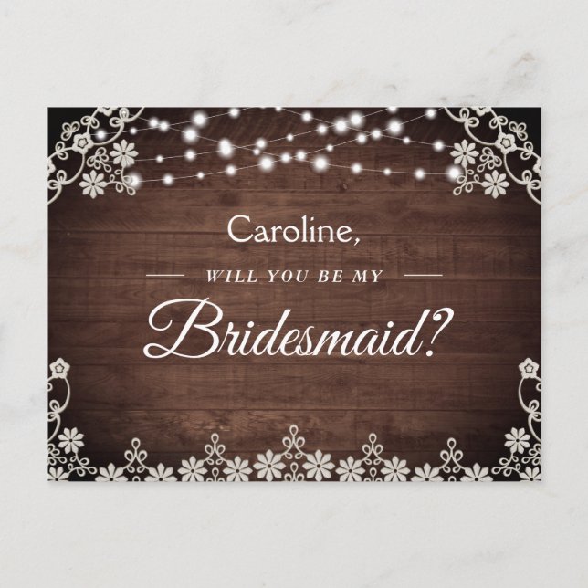 Rustic Lace String Light Will You Be My Bridesmaid Invitation Postcard (Front)
