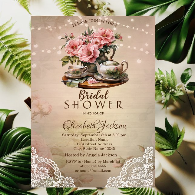 Rustic Lace String Lights Tea Set Bridal Shower Invitation (Creator Uploaded)