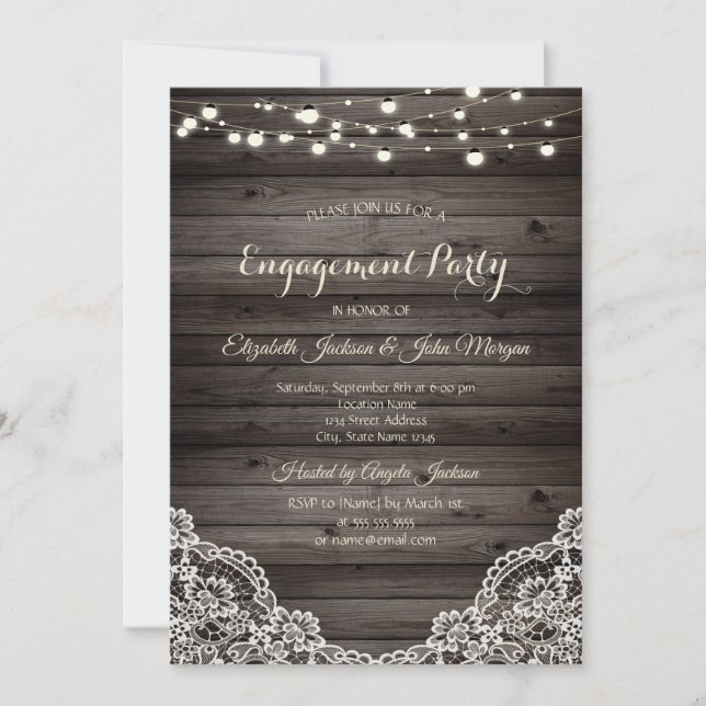 Rustic Lace,String Lights Wood Invitation (Front)