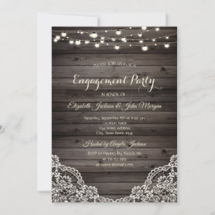 Rustic Lace,String Lights Wood Invitation
