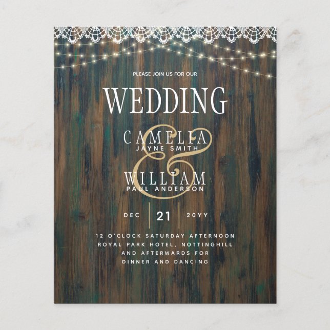 Rustic Lace Strings Lights Wood Look Wedding Flyer (Front)