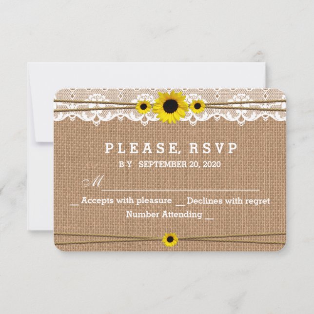 Rustic Lace, Sun Flowers, Burlap Wedding RSVP (Front)