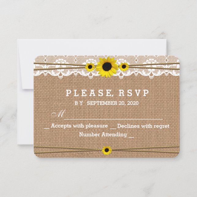 Rustic Lace, Sun Flowers, Burlap Wedding RSVP Card (Front)