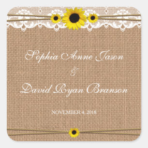 Rustic Lace, Sun Flowers, Burlap Wedding Square Sticker