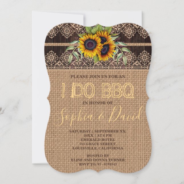 Rustic Lace Sunflowers Burlap Wood I DO BBQ Invitation (Front)