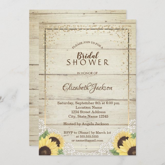 Rustic Lace, Sunflowers,Diamonds Bridal Shower Invitation (Front/Back)