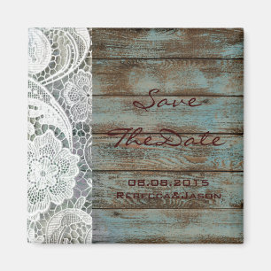 rustic lace teal barn wood wedding save the date magnet
