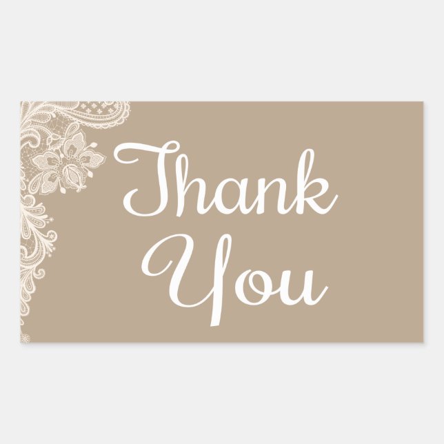 Rustic Lace Thank You Brown Tan Wedding Rectangular Sticker (Front)