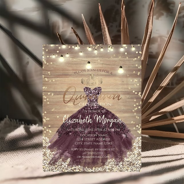 Rustic Lace,Tiara,Lights,Dress,Wood Quinceañera Invitation (Creator Uploaded)