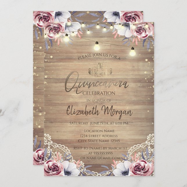Rustic Lace,Tiara,Lights,Wood Roses Quinceañera Invitation (Front/Back)