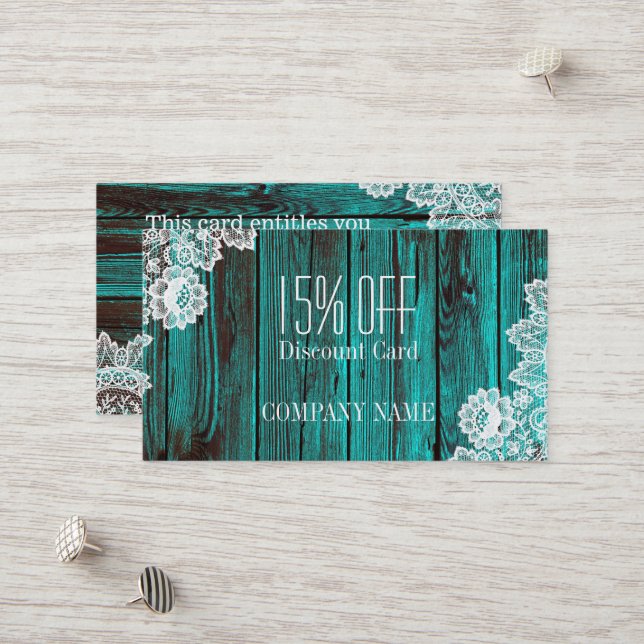  rustic lace turquoise blue barn wood discount card (Front/Back In Situ)