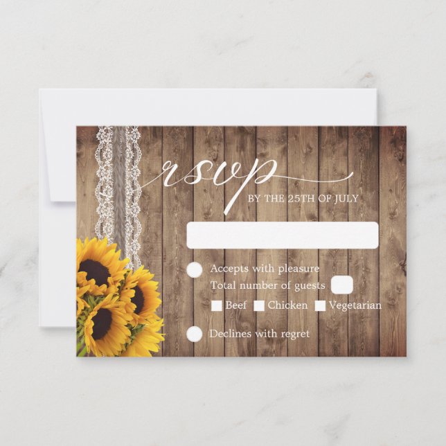 Rustic Lace & Twine Country Sunflower Wedding RSVP Card (Front)