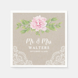 Rustic Lace Watercolor Pink Peony Flower Napkin