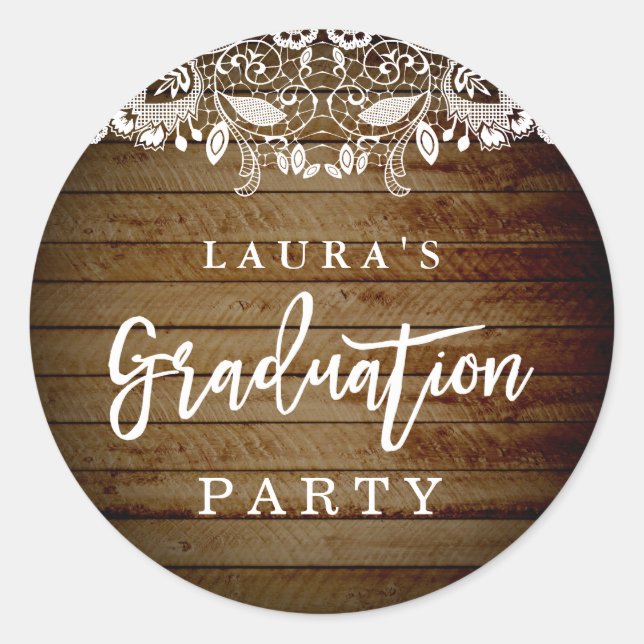 Rustic Lace Wood Graduation Party Sticker (Front)