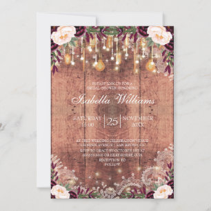 Rustic Lace Wood String Lights  Bridal Shower Invitation