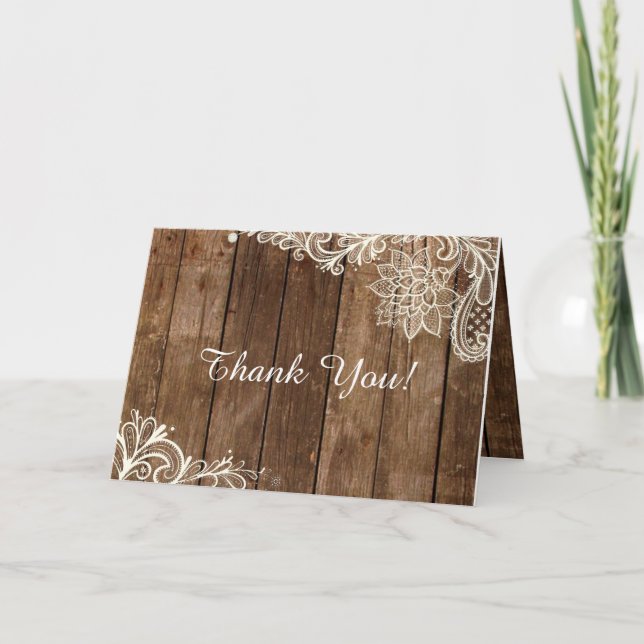 Rustic Lace Wood Wedding Folded Thank You Card (Front)