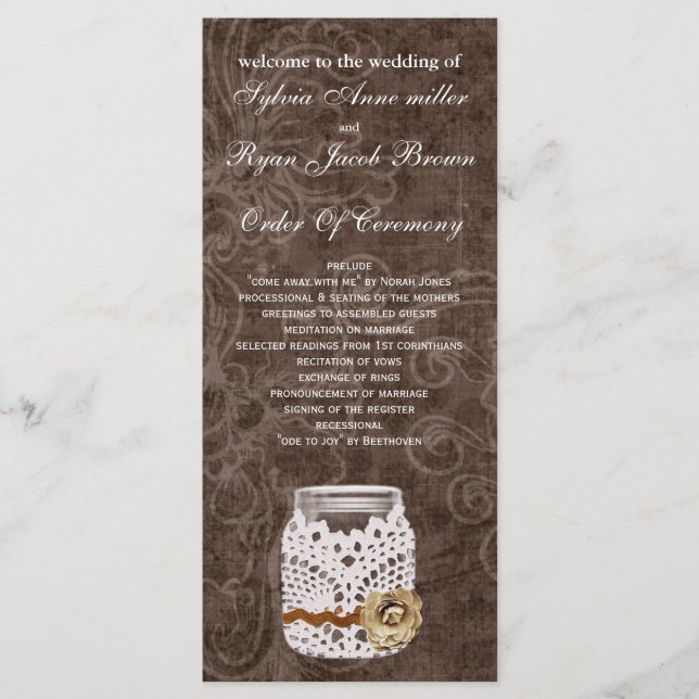 Rustic Lace Wrapped Mason Jar Wedding Program (Front)