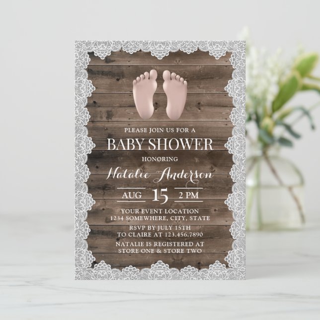 Rustic Laced Barn Wood Baby Feet Baby Shower Invitation (Standing Front)