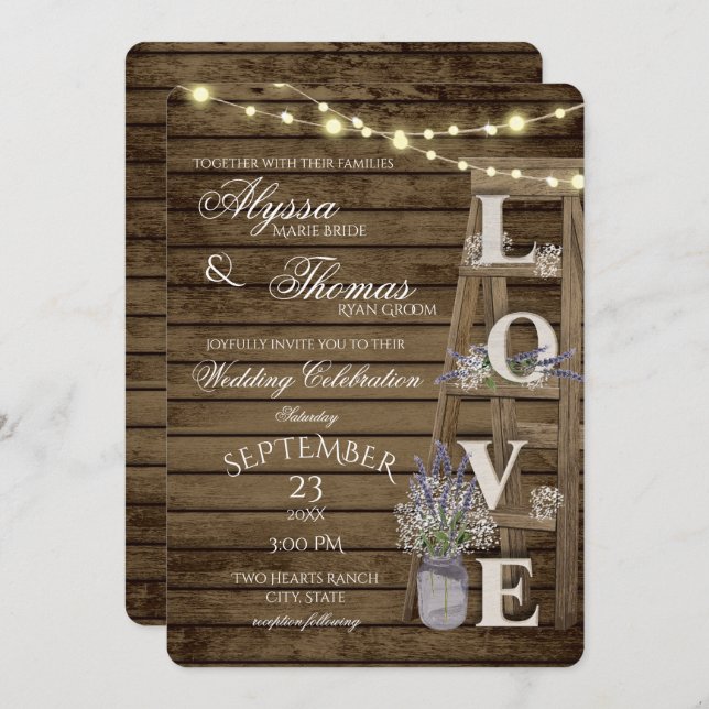 Rustic Ladder and Lights Lavender Love Wedding Invitation (Front/Back)
