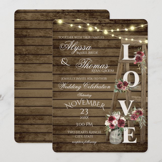 Rustic Ladder and Lights Love Burgundy Wedding  Invitation (Front/Back)