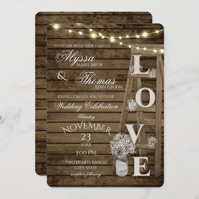 Rustic Ladder and Lights Love Wedding Invitation (Front/Back)
