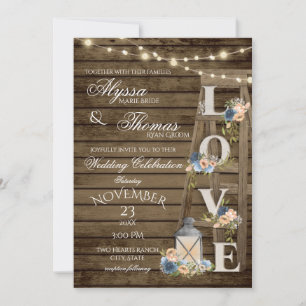 Rustic Ladder and Lights Vintage Blue Love Wedding Invitation