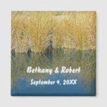 Rustic Lake Grass Reflection Outdoor Wedding Magnet<br><div class="desc">Give your guests a unique keepsake from your wedding day with these personalised magnets. This beautiful nature magnet features a photo of tall brown and green lake grass along the lakeside shore reflected in the blue water. The bride and groom's names and the wedding date appear in the water in...</div>