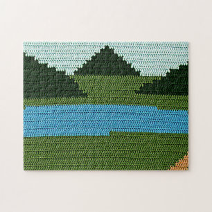 Rustic Lake Hills Green Designer Crochet Print Jigsaw Puzzle