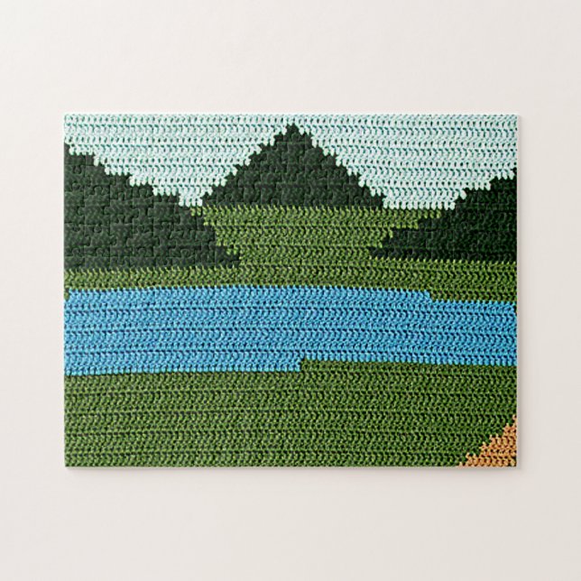 Rustic Lake Hills Green Designer Crochet Print Jigsaw Puzzle (Horizontal)