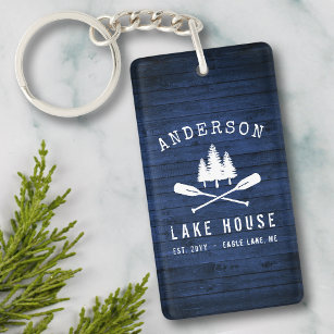 Rustic Lake House Boat Oars Tree Blue Wood 2 Sided Key Ring