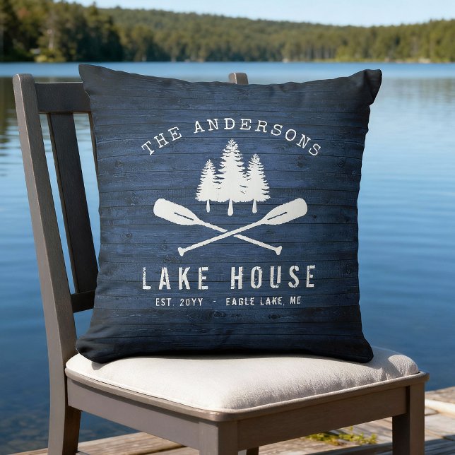 Rustic Lake House Boat Oars Trees Blue Wood Print Cushion (Creator Uploaded)