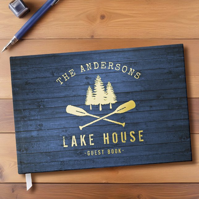 Rustic Lake House Boat Oars Trees Blue Wood Print Guest Book (Several sizes to choose from.)